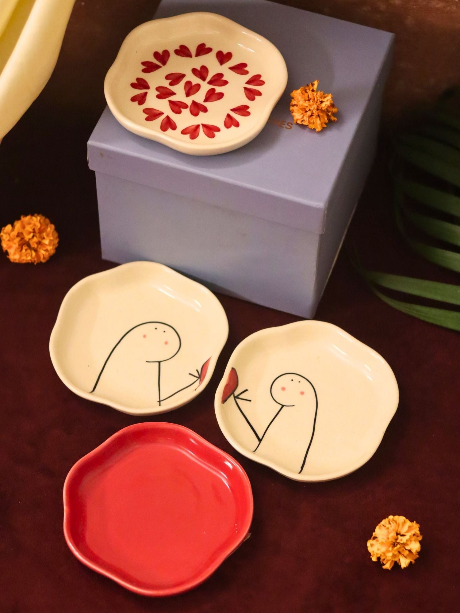 Set of 4 - Heart, Red & Hum-Tum handmade dessert plate combo in a Gift box handmade in India