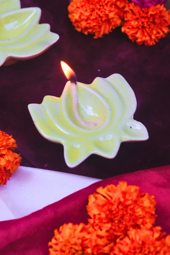 Set of 4 - Yellow Lotus Diya handmade in India