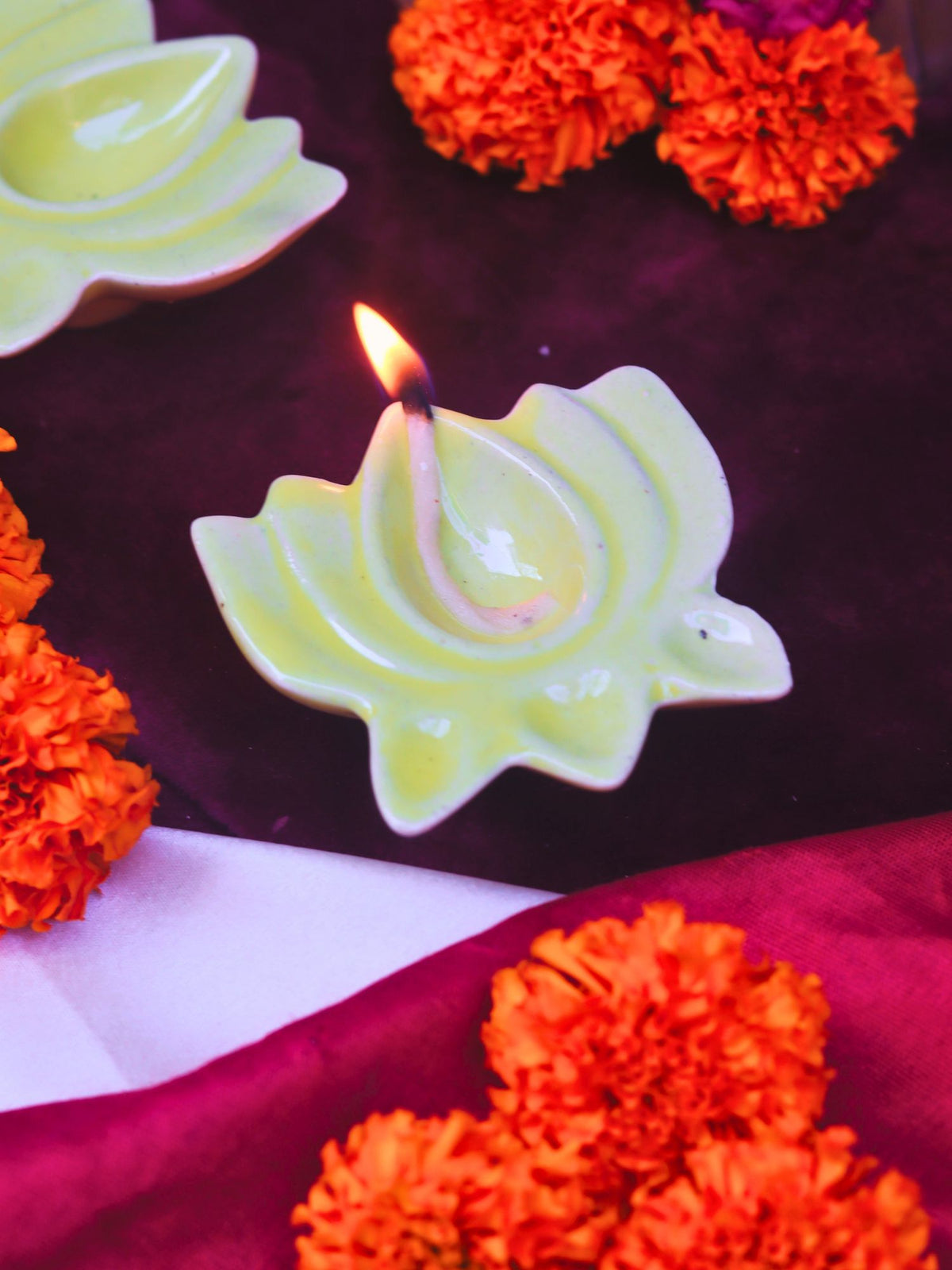 Set of 4 - Yellow Lotus Diya handmade in India