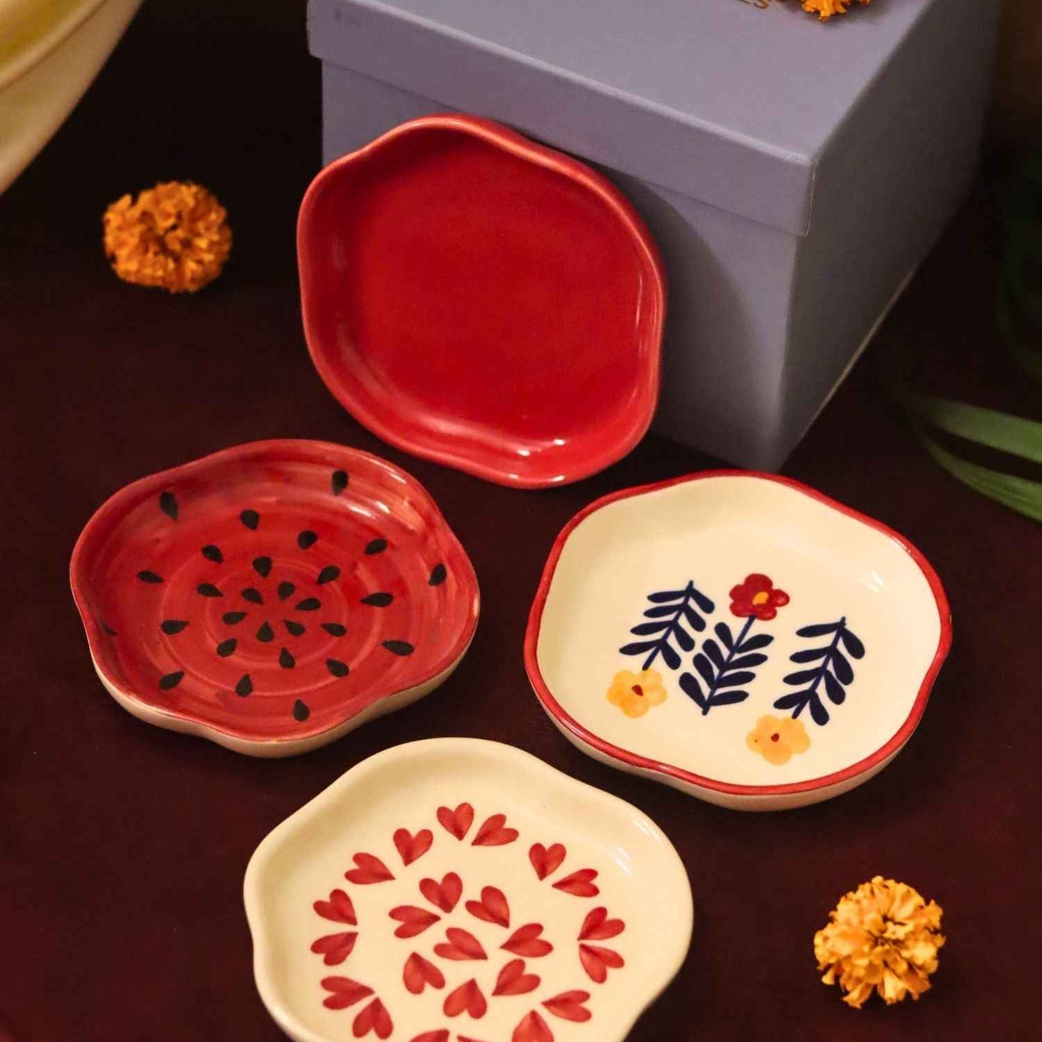 Set of 4 - Heart, Red, Watermelon & Floral Bloom handmade dessert plate combo in a Gift box