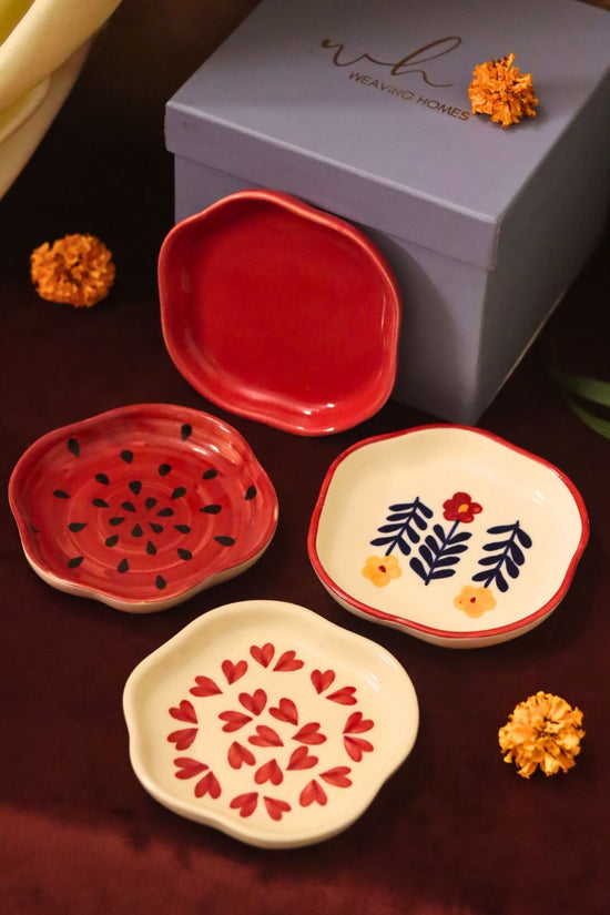 handmade lead free Set of 4 - Heart, Red, Watermelon & Floral Bloom handmade dessert plate combo in a Gift box