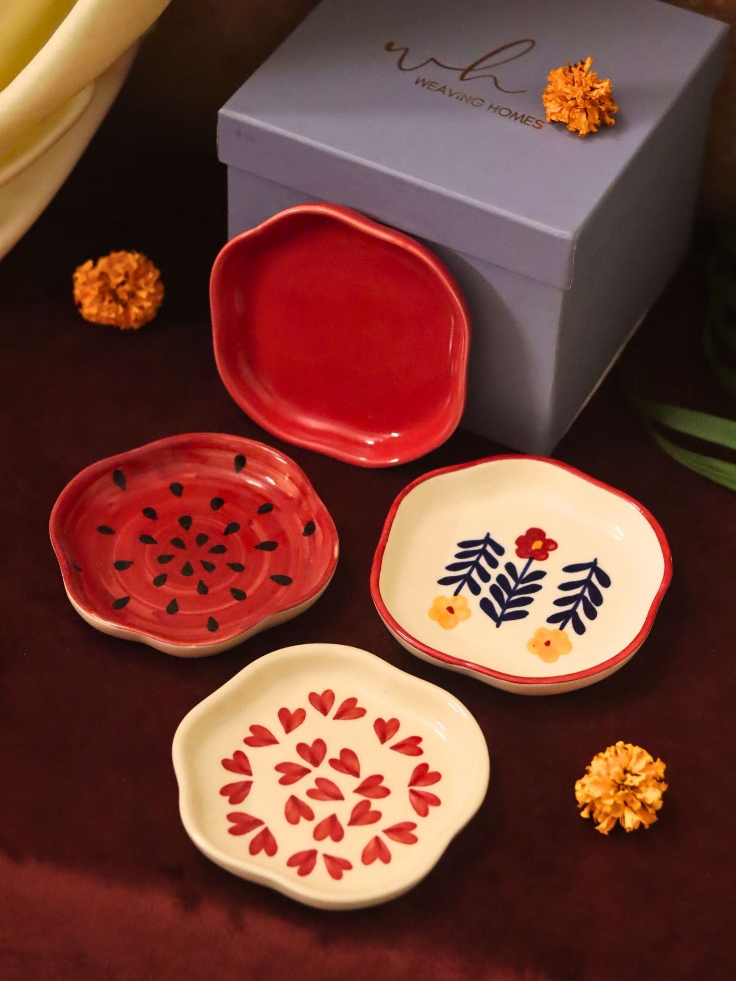 handmade lead free Set of 4 - Heart, Red, Watermelon & Floral Bloom handmade dessert plate combo in a Gift box