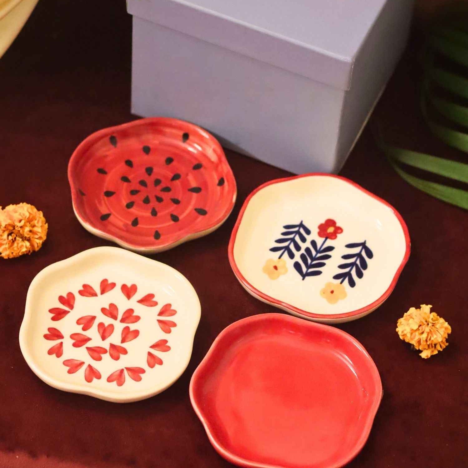 Set of 4 - Heart, Red, Watermelon & Floral Bloom handmade dessert plate combo in a Gift box