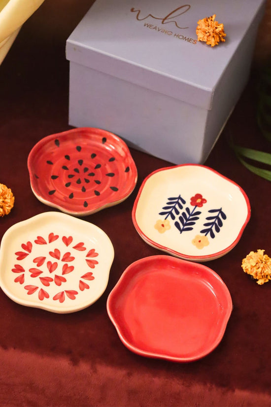 Set of 4 - Heart, Red, Watermelon & Floral Bloom handmade dessert plate combo in a Gift box made by ceramic