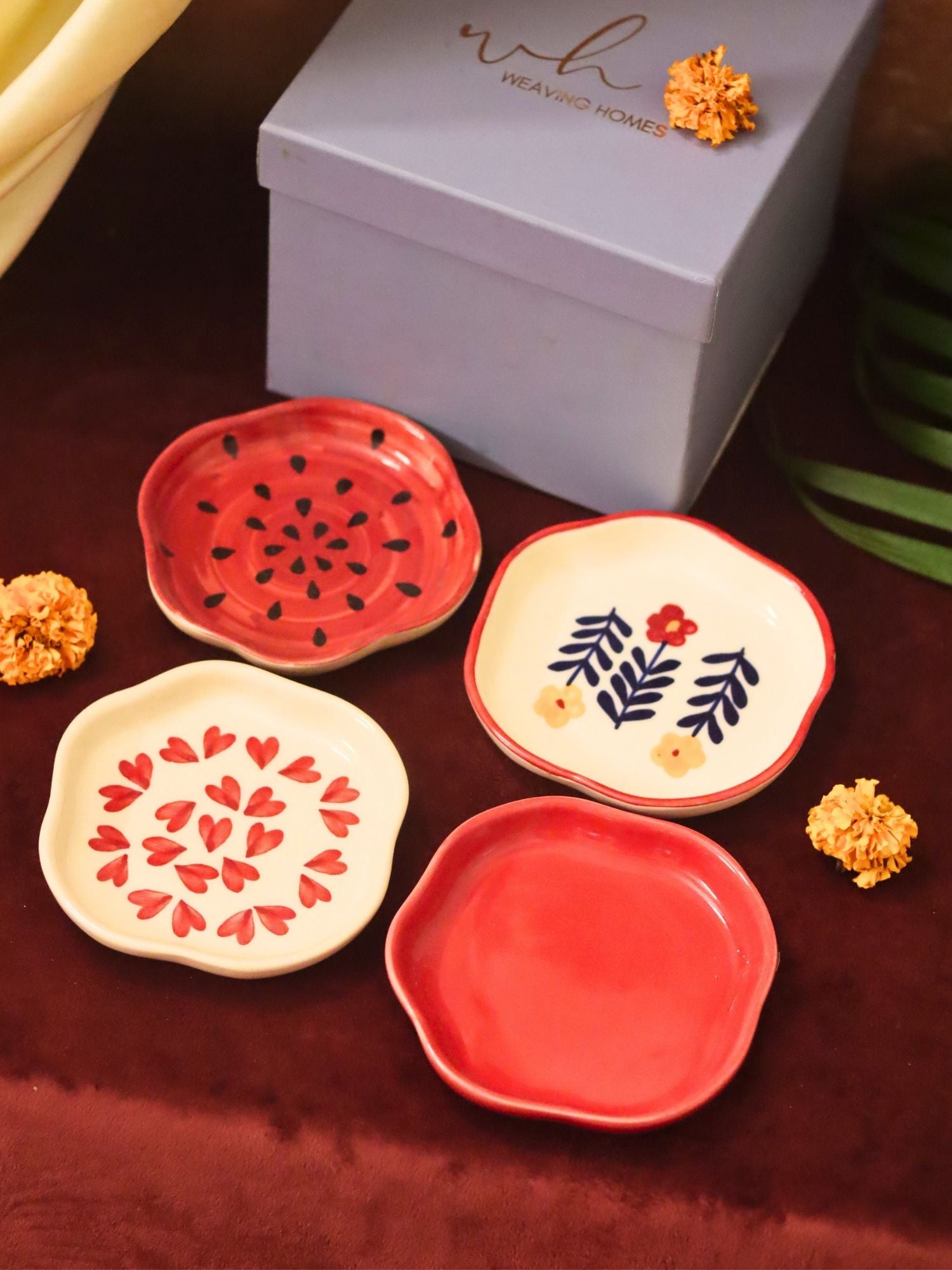 Set of 4 - Heart, Red, Watermelon & Floral Bloom handmade dessert plate combo in a Gift box made by ceramic