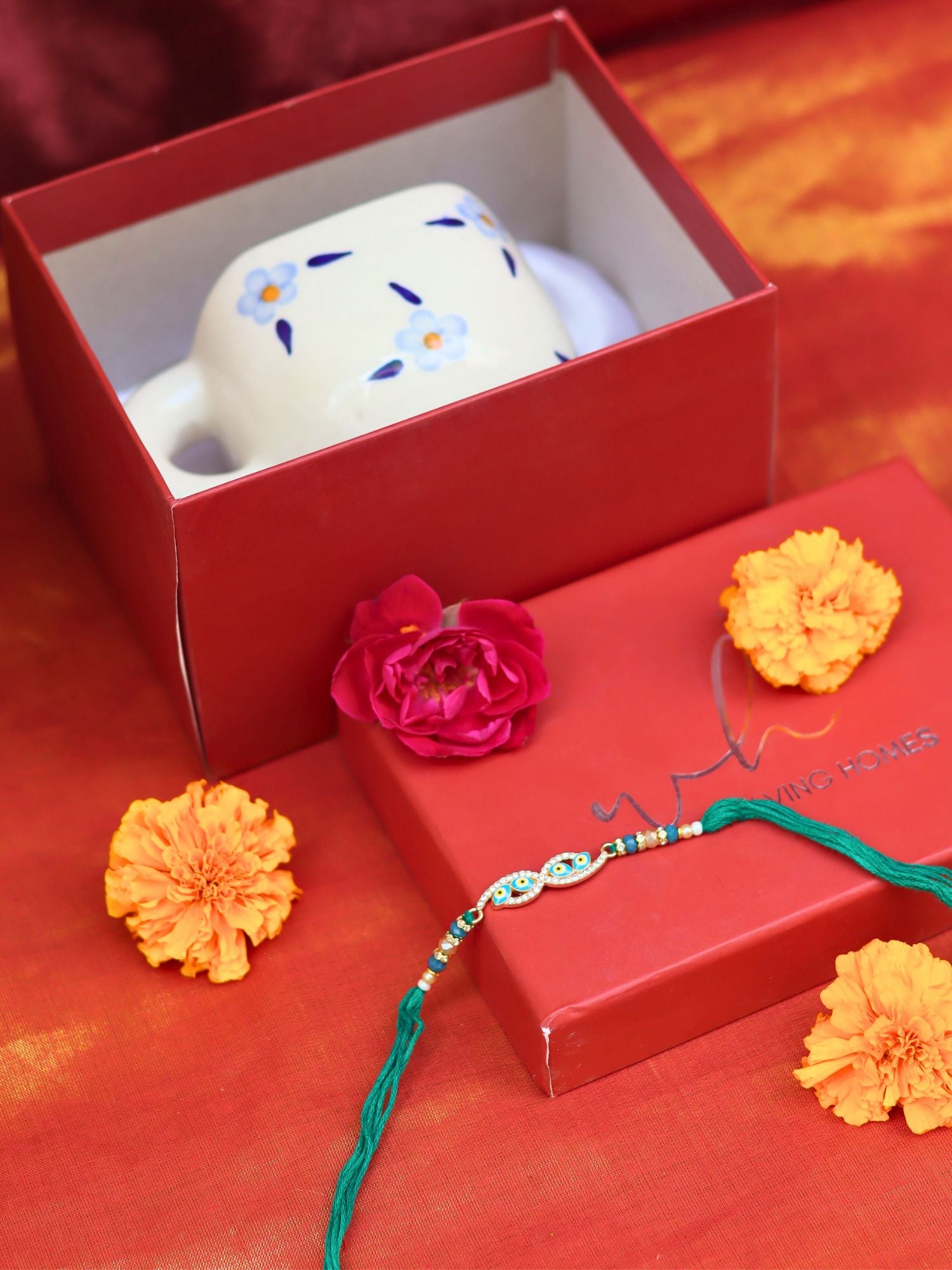 Blue Blossom Mug Rakhi Gift Box handmade in India