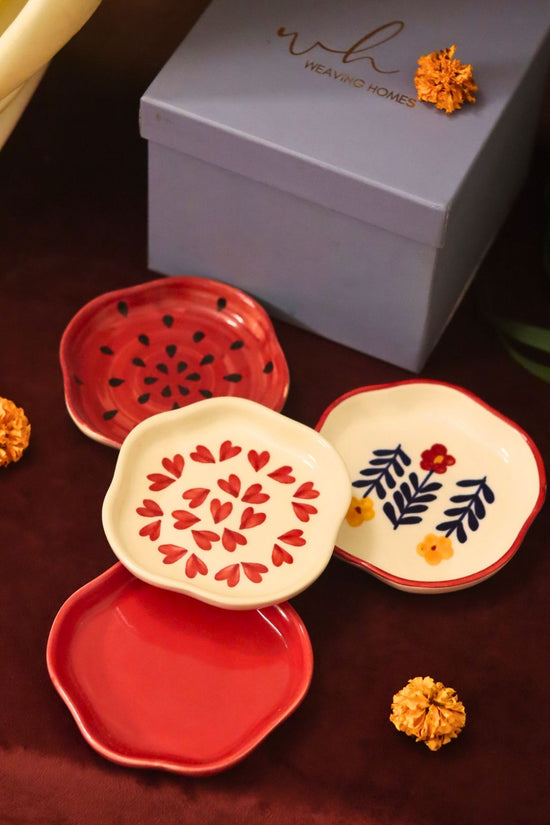 Set of 4 - Heart, Red, Watermelon & Floral Bloom handmade dessert plate combo in a Gift box with premium quality material