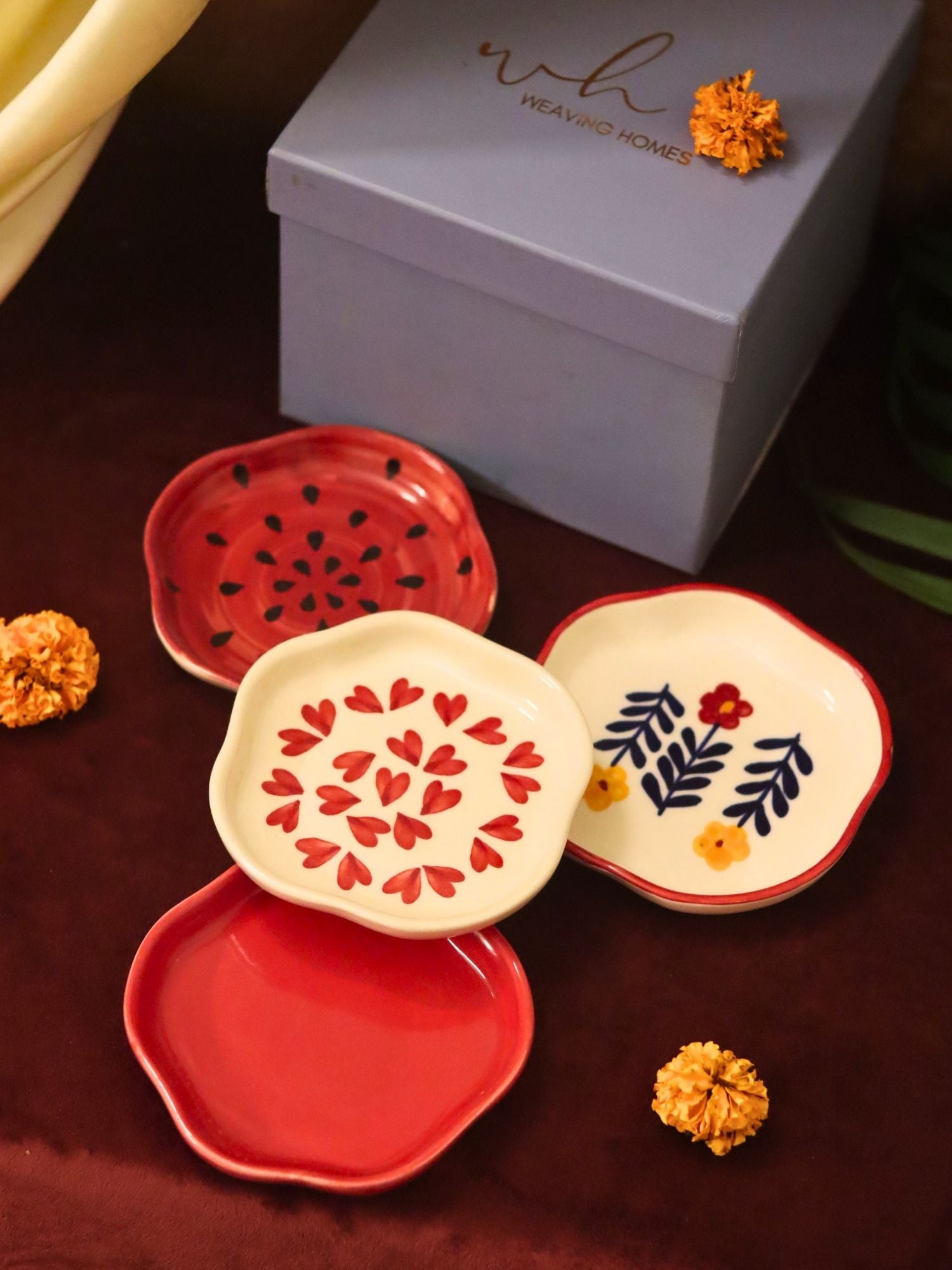 Set of 4 - Heart, Red, Watermelon & Floral Bloom handmade dessert plate combo in a Gift box with premium quality material