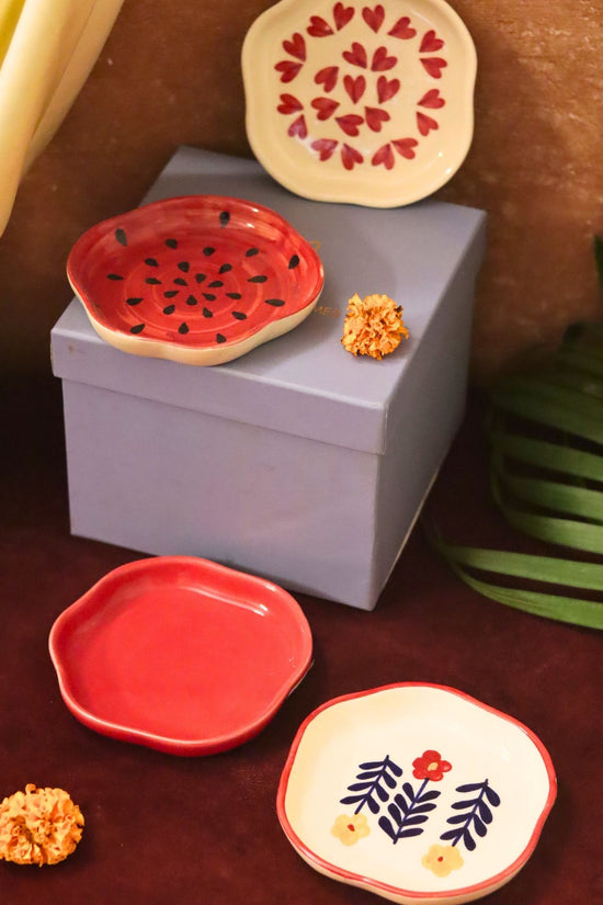 Set of 4 - Heart, Red, Watermelon & Floral Bloom handmade dessert plate combo in a Gift box handmade in India
