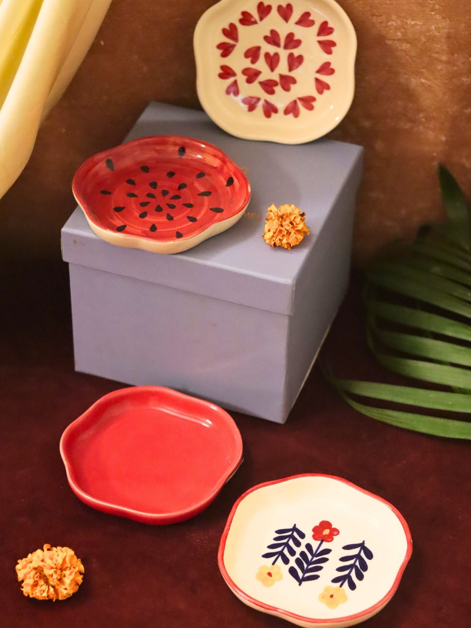 Set of 4 - Heart, Red, Watermelon & Floral Bloom handmade dessert plate combo in a Gift box handmade in India