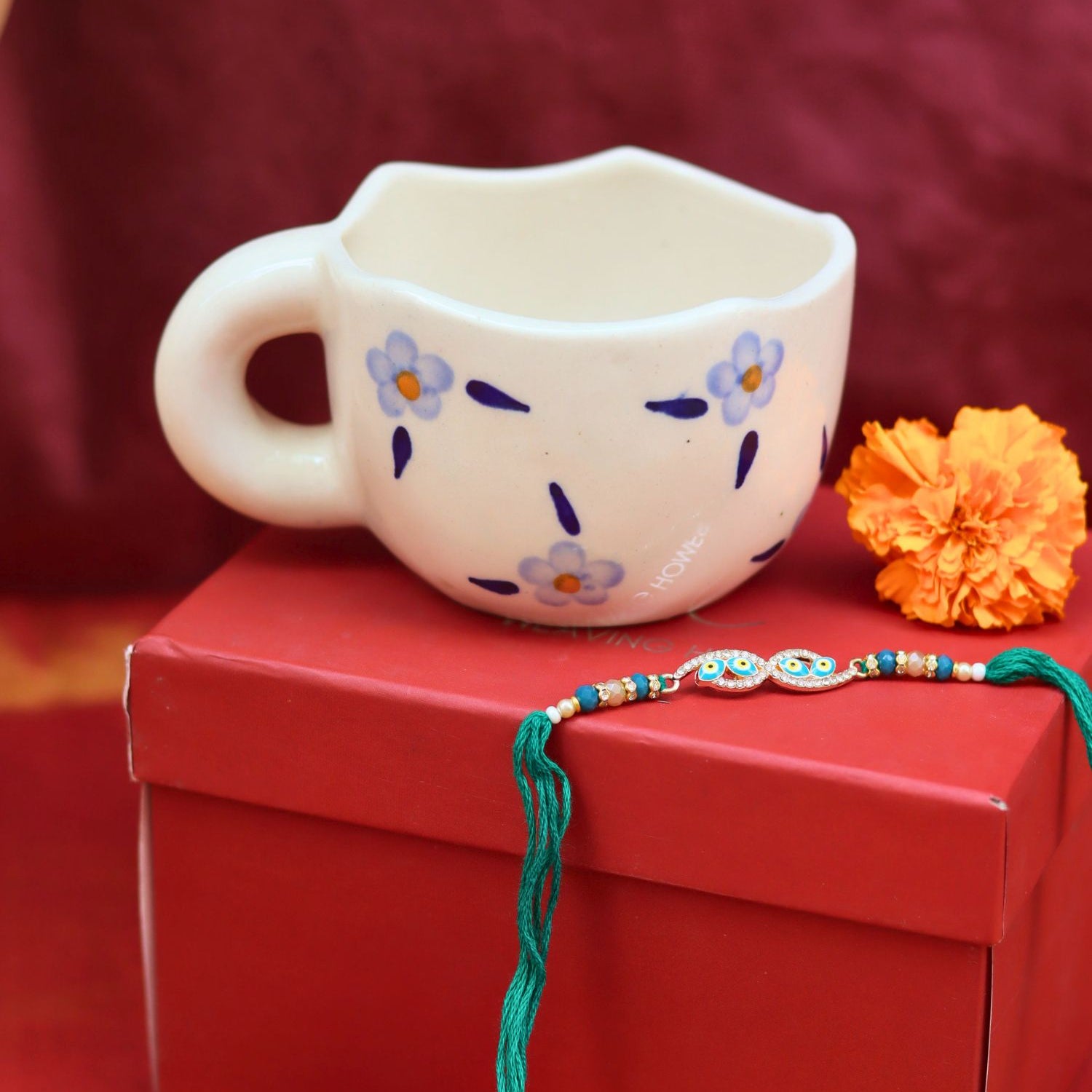 handmade Blue Blossom Mug Rakhi Gift Box