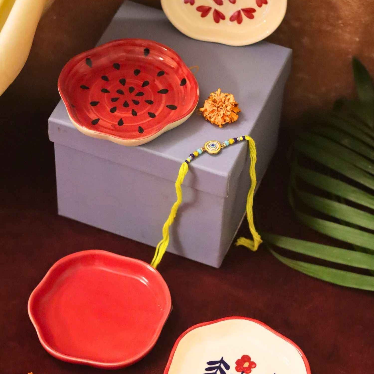 Set of 4 - Heart, Red, Watermelon & Floral Bloom handmade dessert plate combo Rakhi Gift box