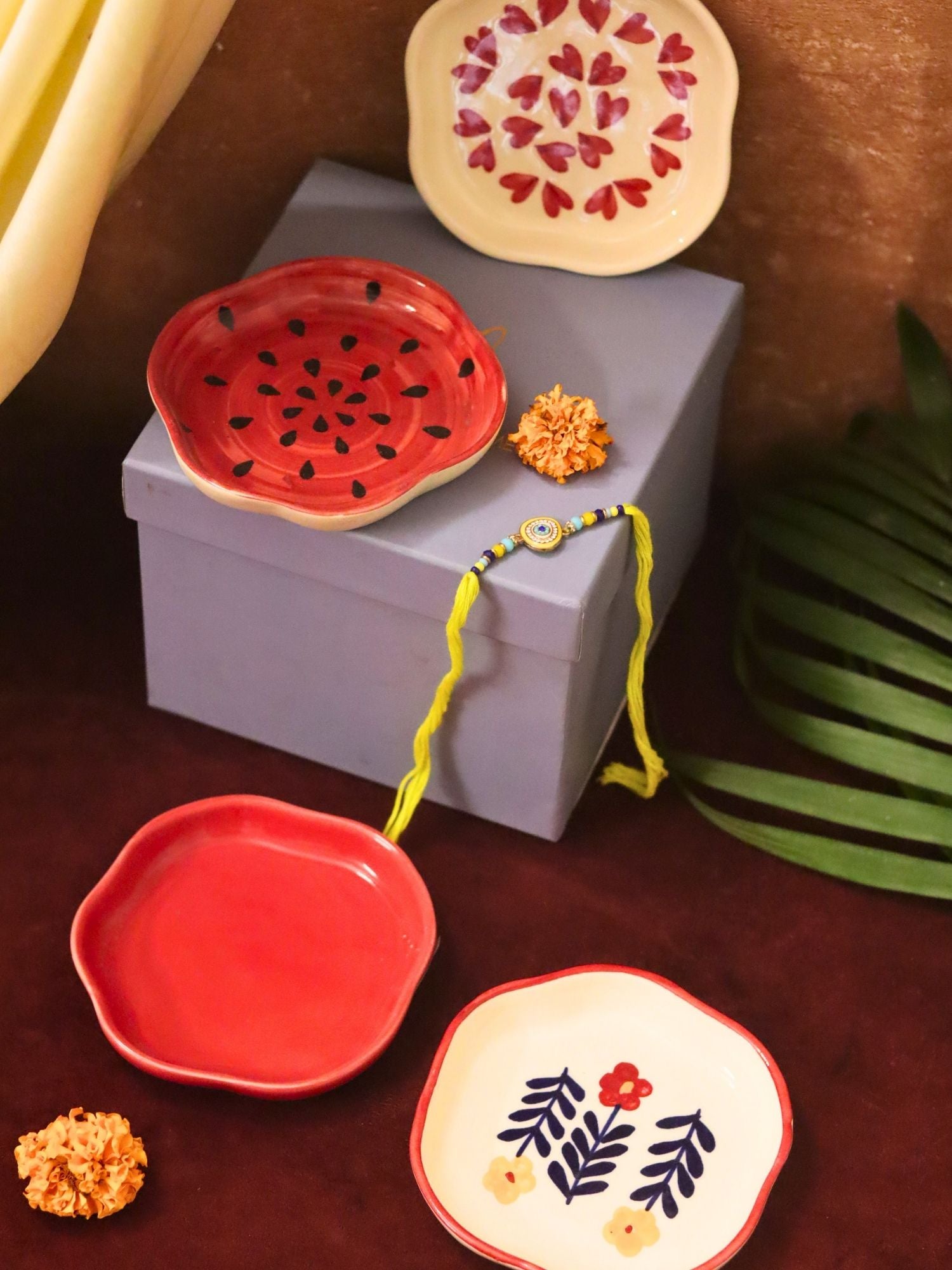 handmade lead free Set of 4 - Heart, Red, Watermelon & Floral Bloom handmade dessert plate combo Rakhi Gift box
