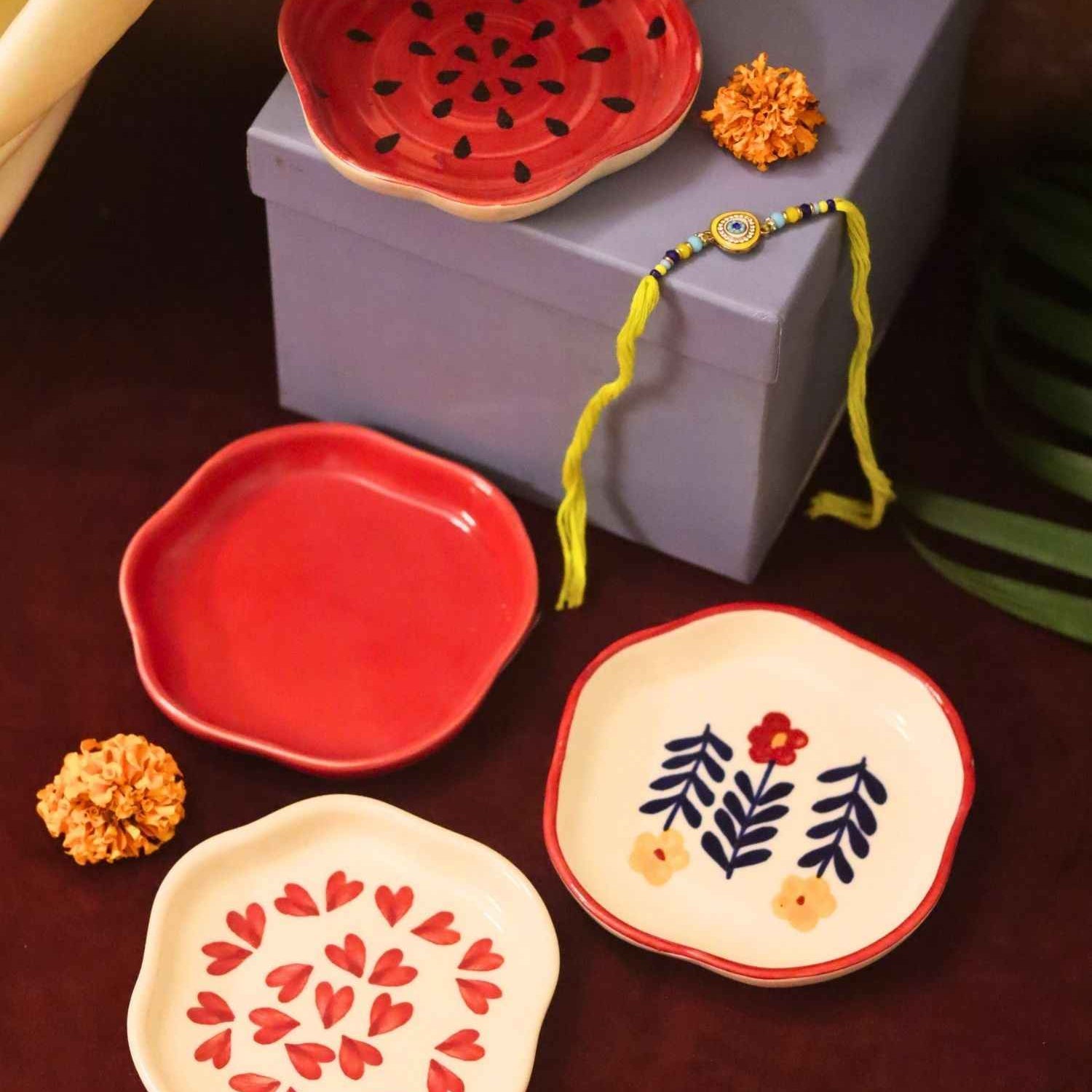 Set of 4 - Heart, Red, Watermelon & Floral Bloom handmade dessert plate combo Rakhi Gift box