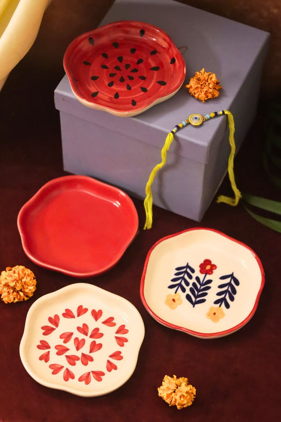 Set of 4 - Heart, Red, Watermelon & Floral Bloom handmade dessert plate combo Rakhi Gift box made by ceramic