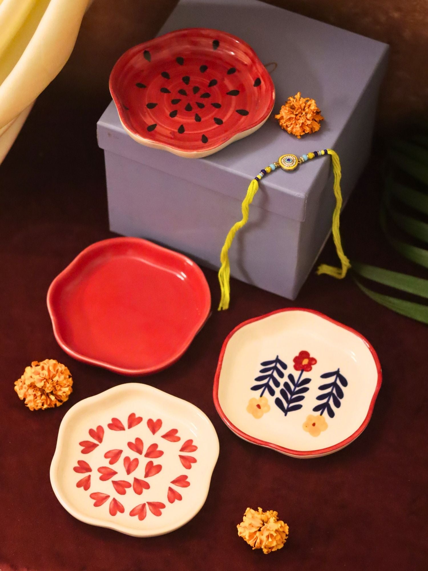 Set of 4 - Heart, Red, Watermelon & Floral Bloom handmade dessert plate combo Rakhi Gift box made by ceramic
