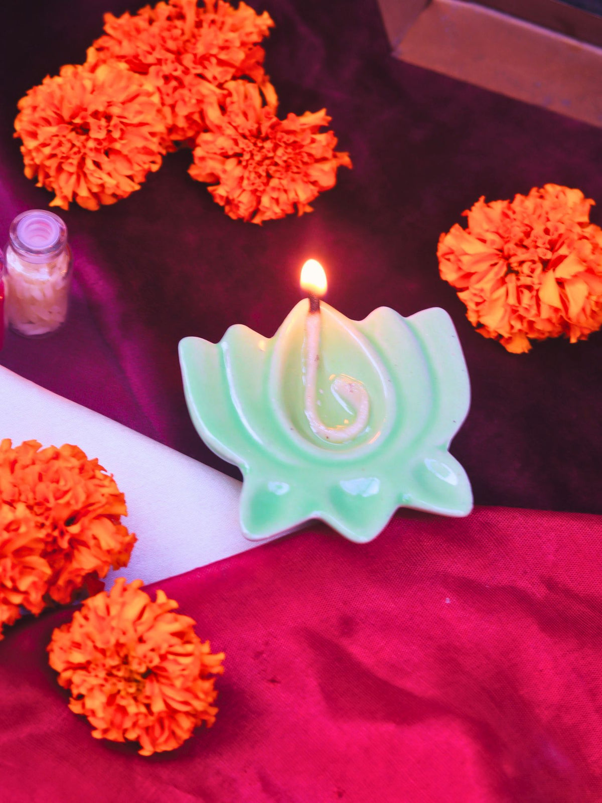 Set of 4 - Green Lotus Diya