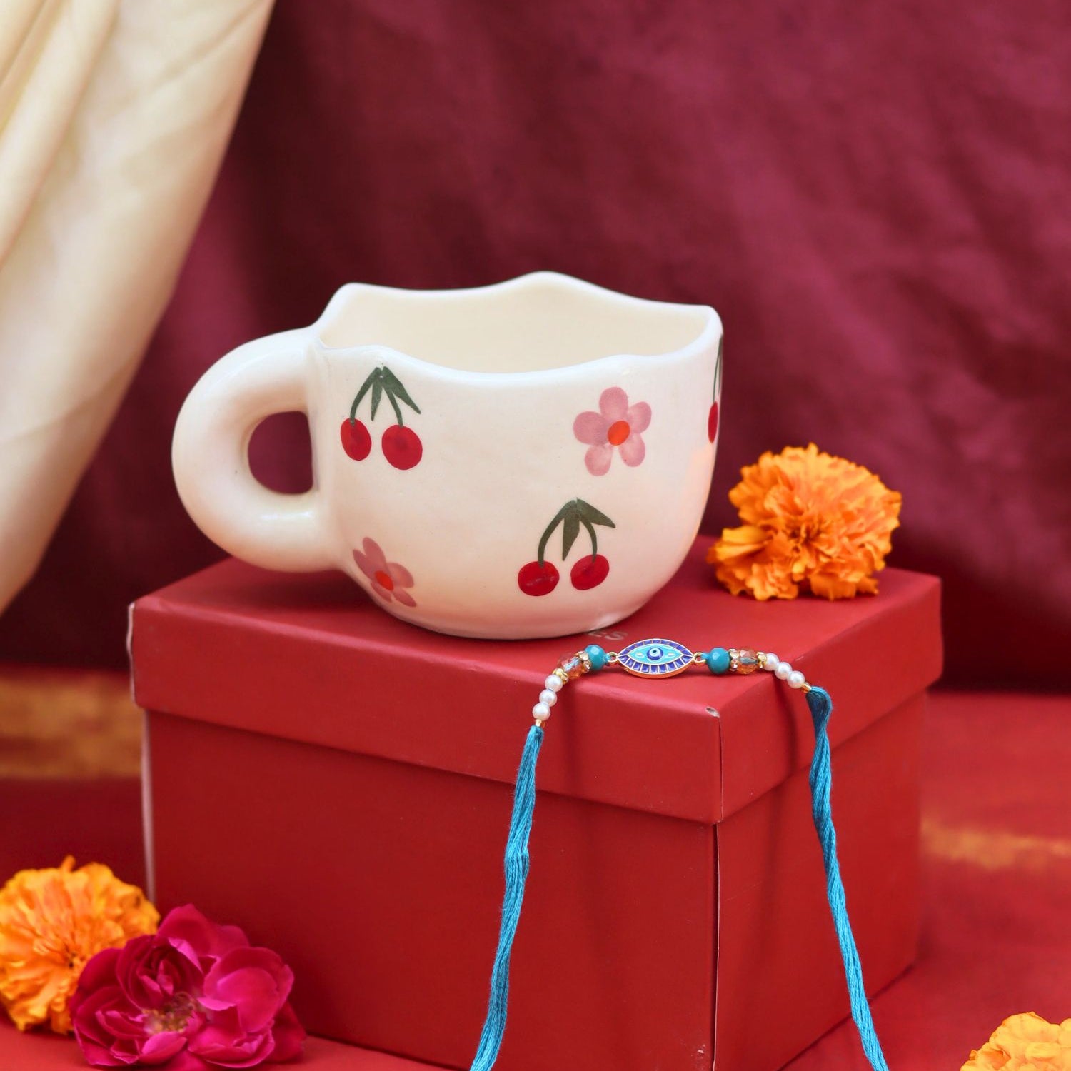 Cherry Fields Mug Rakhi Gift Box made by ceramic