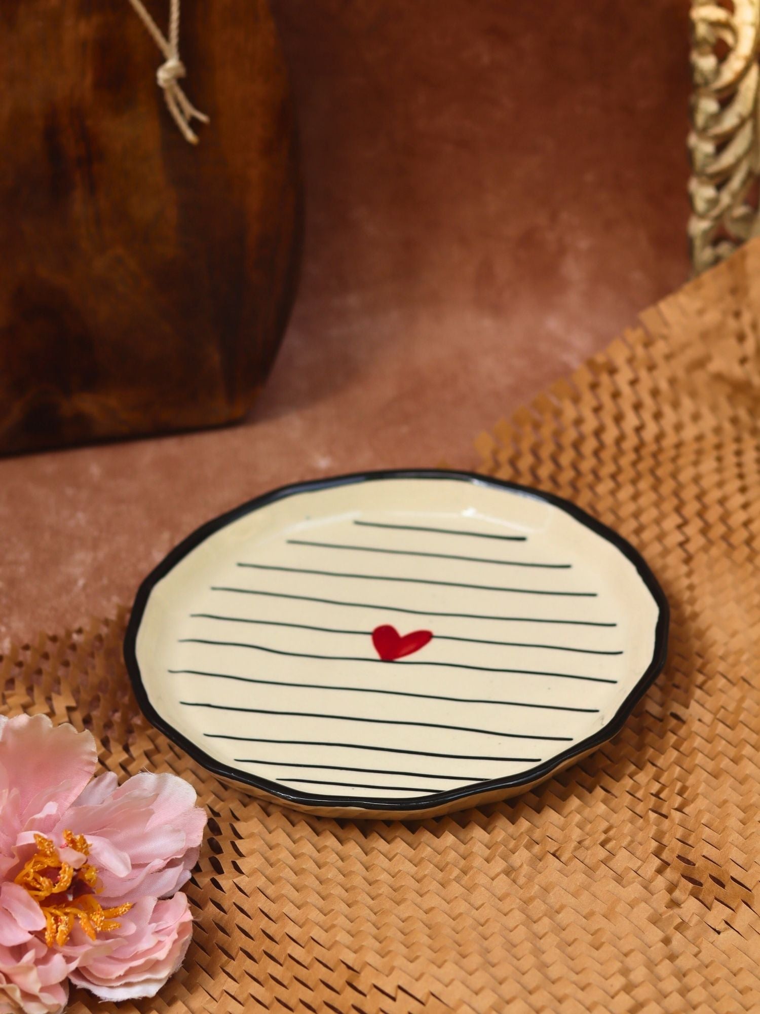 Striped Heart Snack Plate made by ceramic