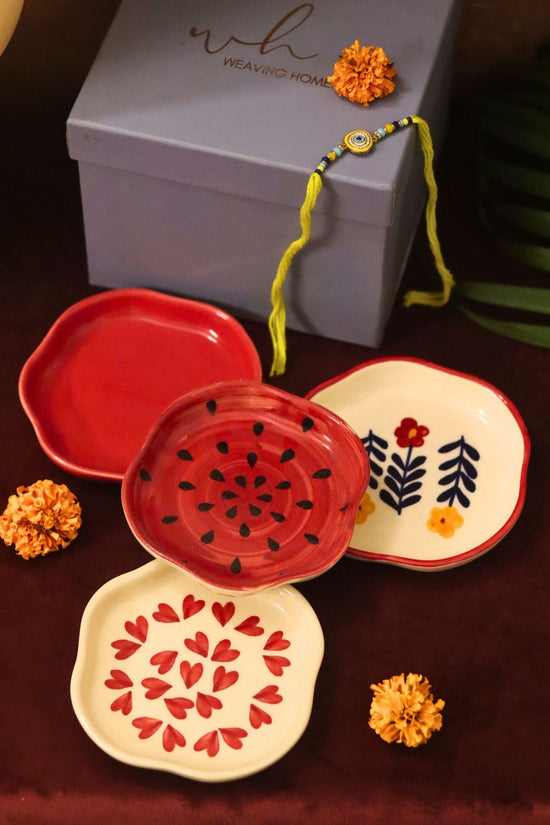 Set of 4 - Heart, Red, Watermelon & Floral Bloom handmade dessert plate combo Rakhi Gift box with premium quality material
