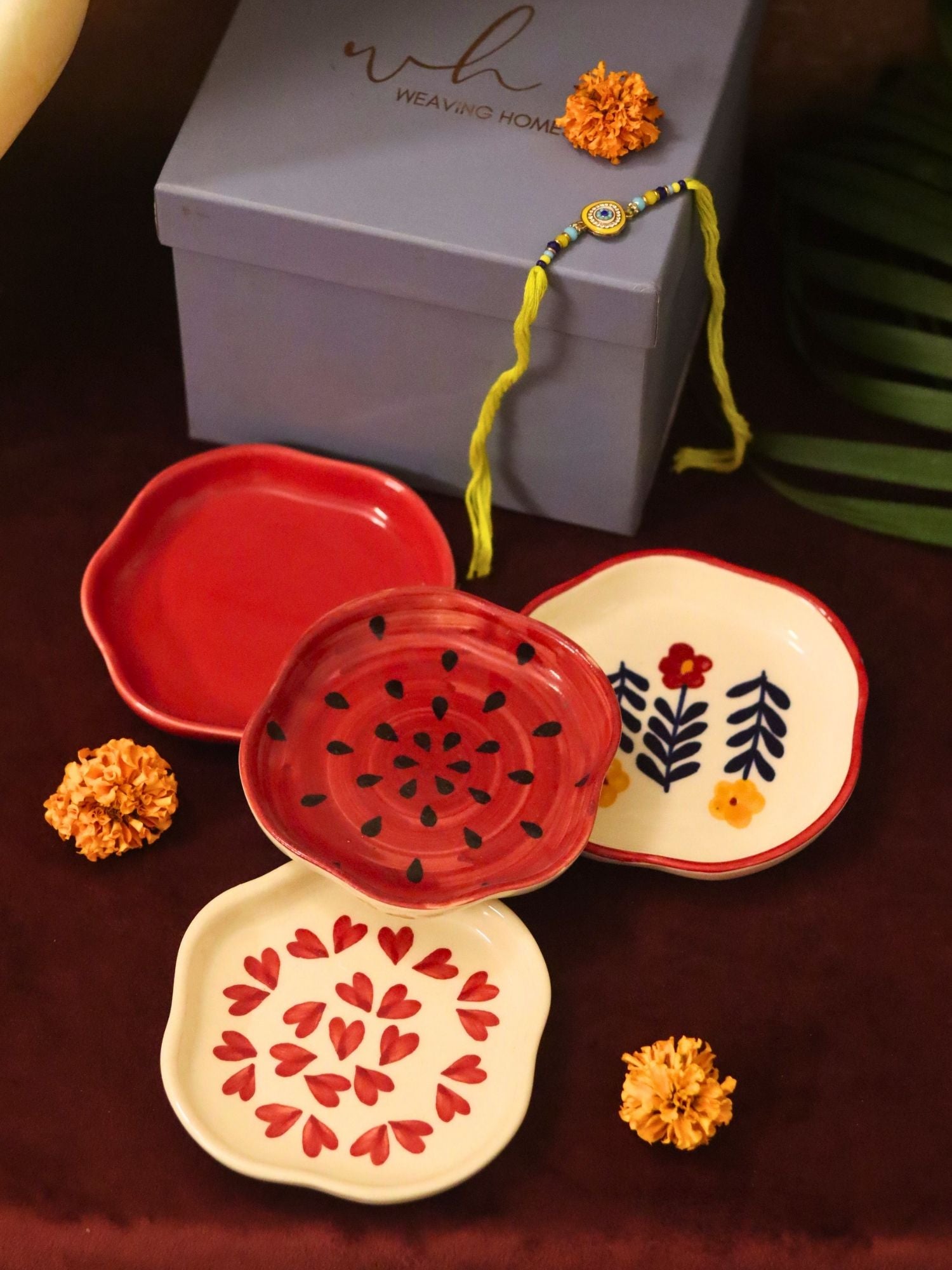 Set of 4 - Heart, Red, Watermelon & Floral Bloom handmade dessert plate combo Rakhi Gift box with premium quality material