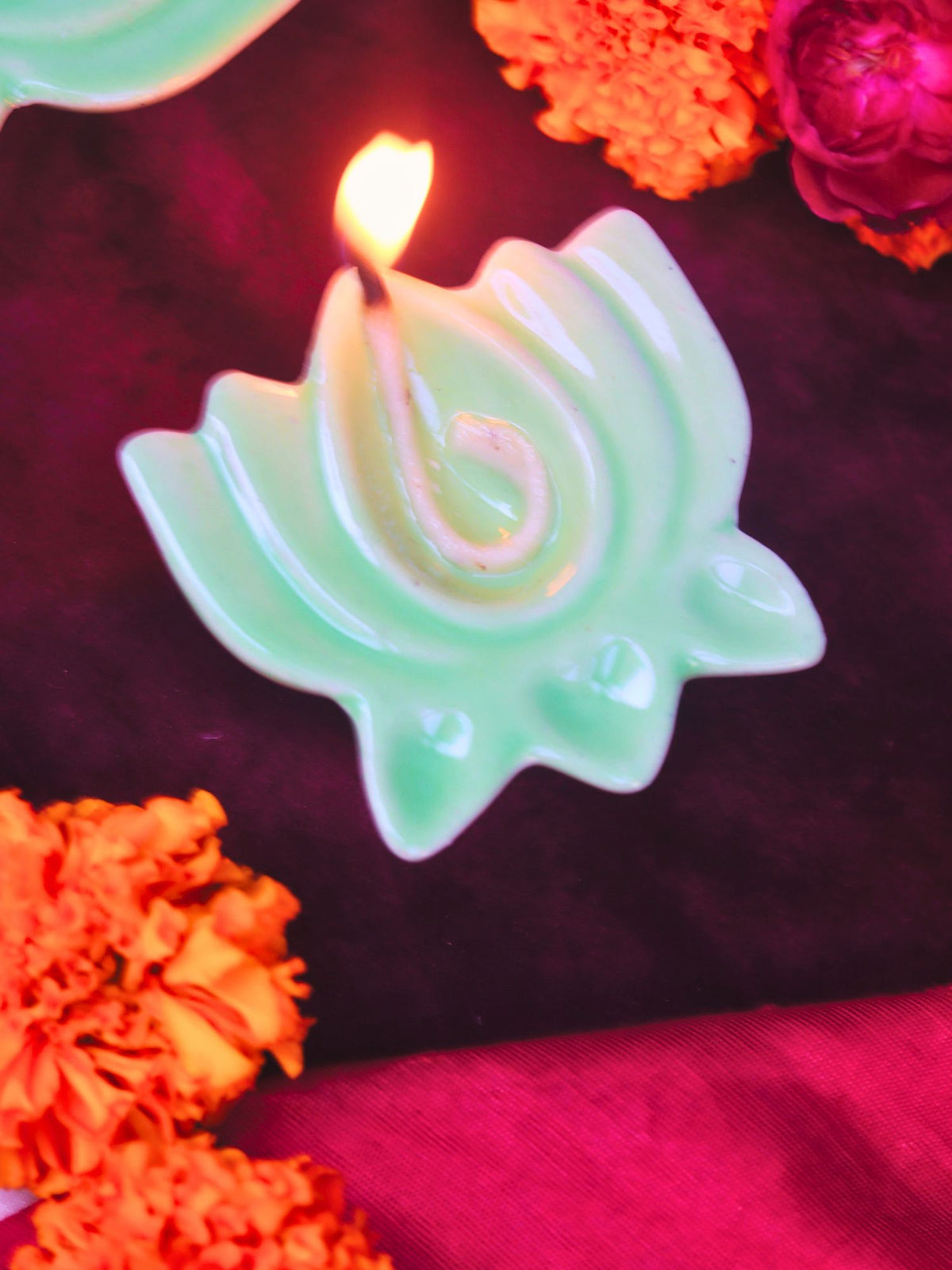 Set of 4 - Green Lotus Diya