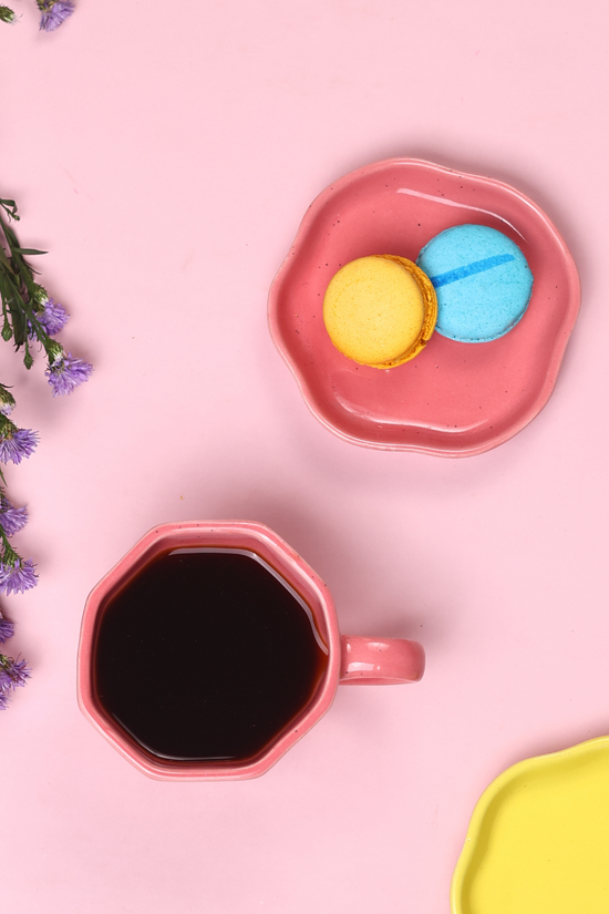 salmon pink mug & handmade dessert plate made by ceramic 