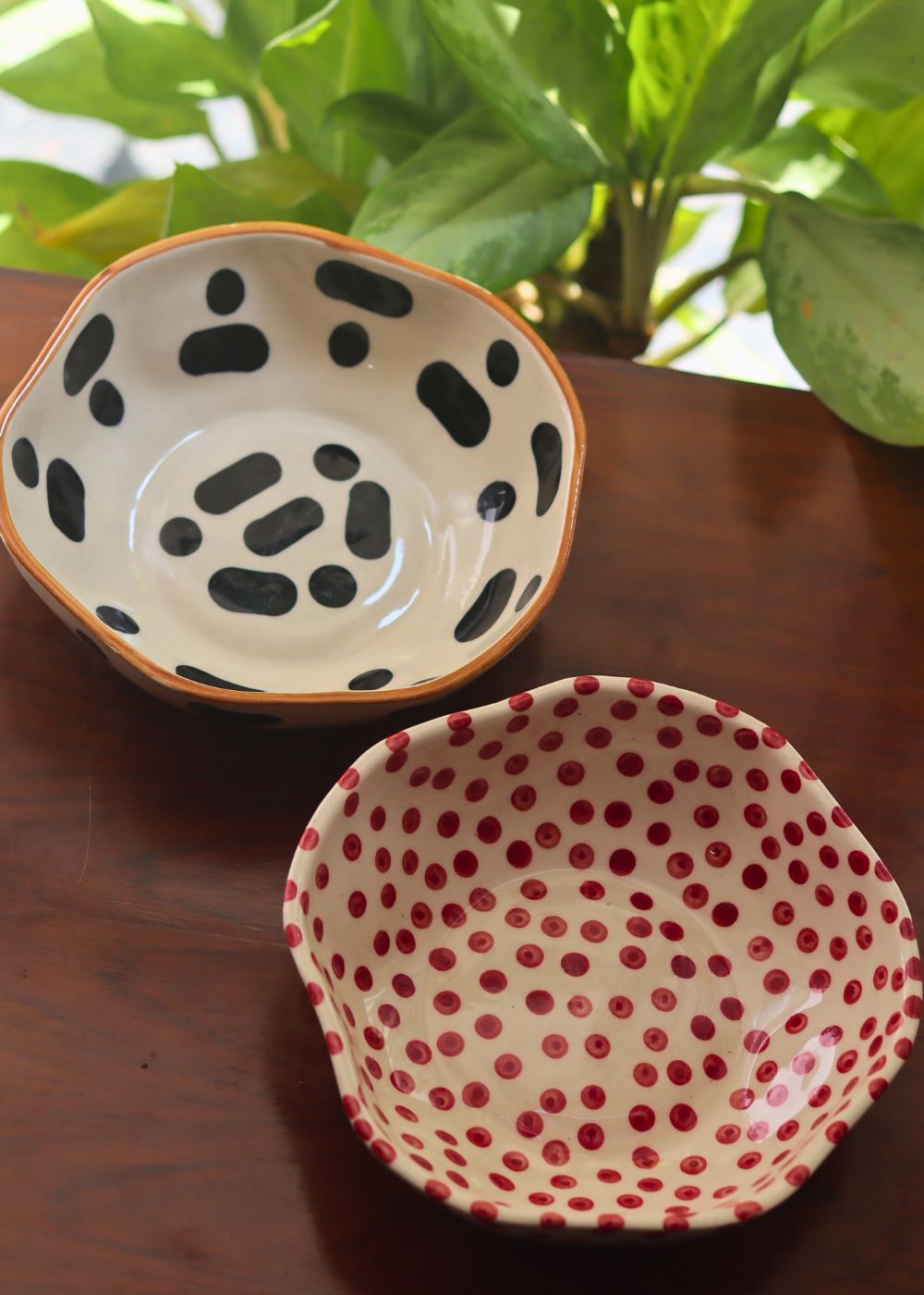 handmade Black Blocks & Red Polka Bowl combo