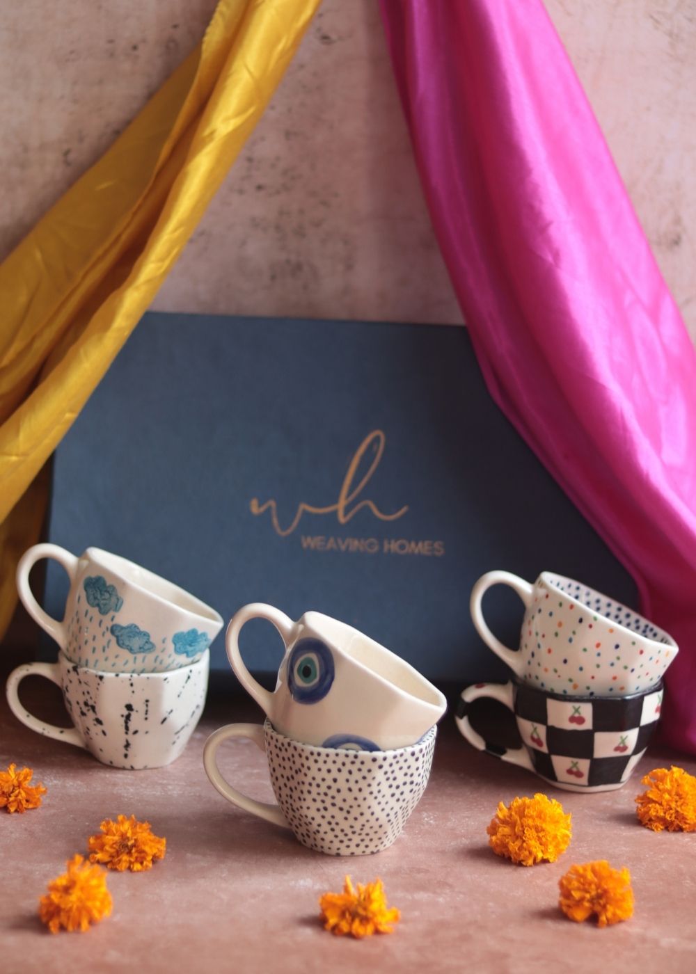 Handmade Set of 6 Black & Blue Artful Mugs (for the price of 5) Diwali Gift Box