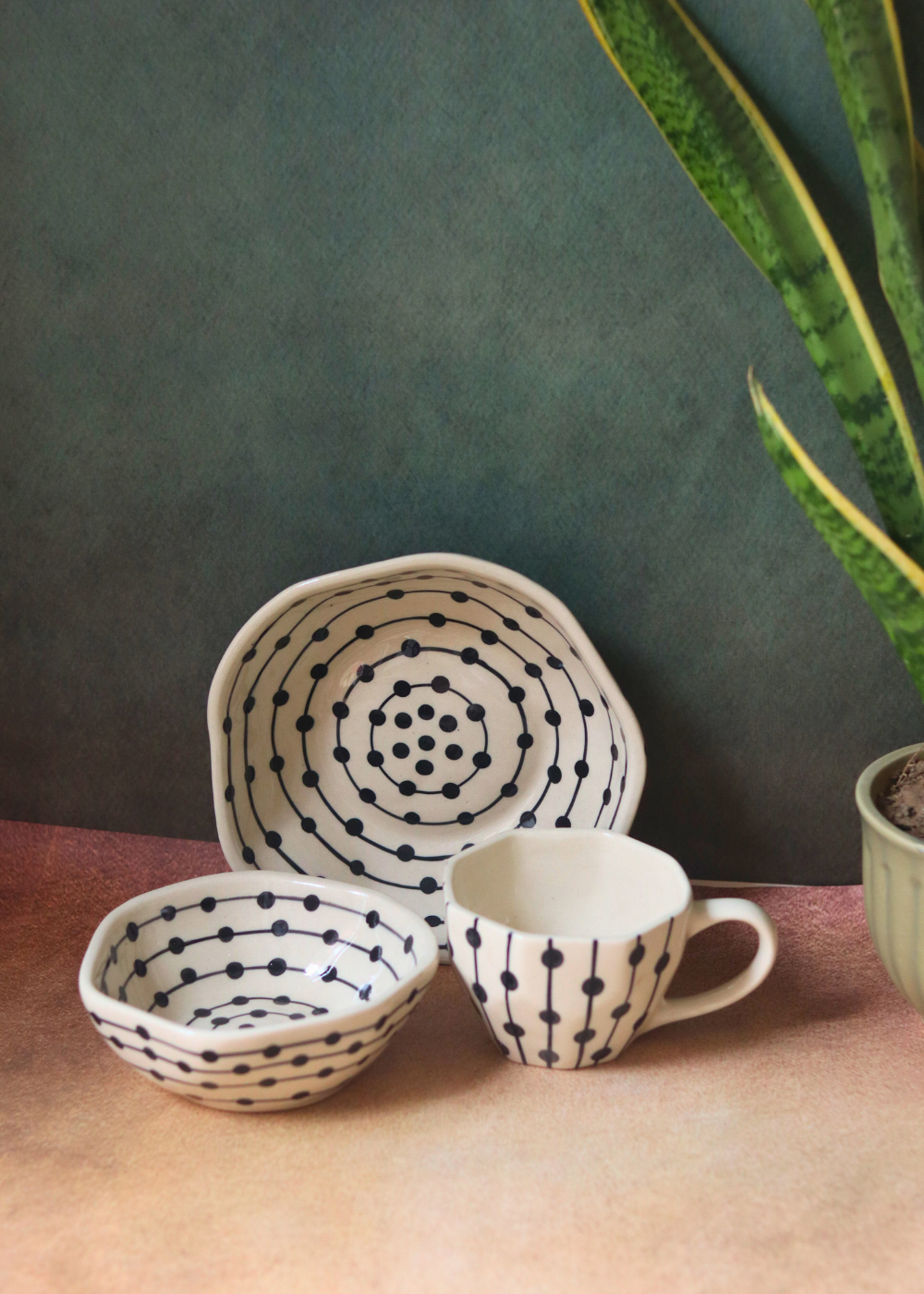 Handmade ceramic black dotted lines breakfast set