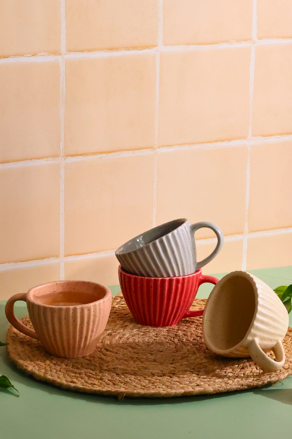 handmade set of four striped coffee mug made by ceramic 