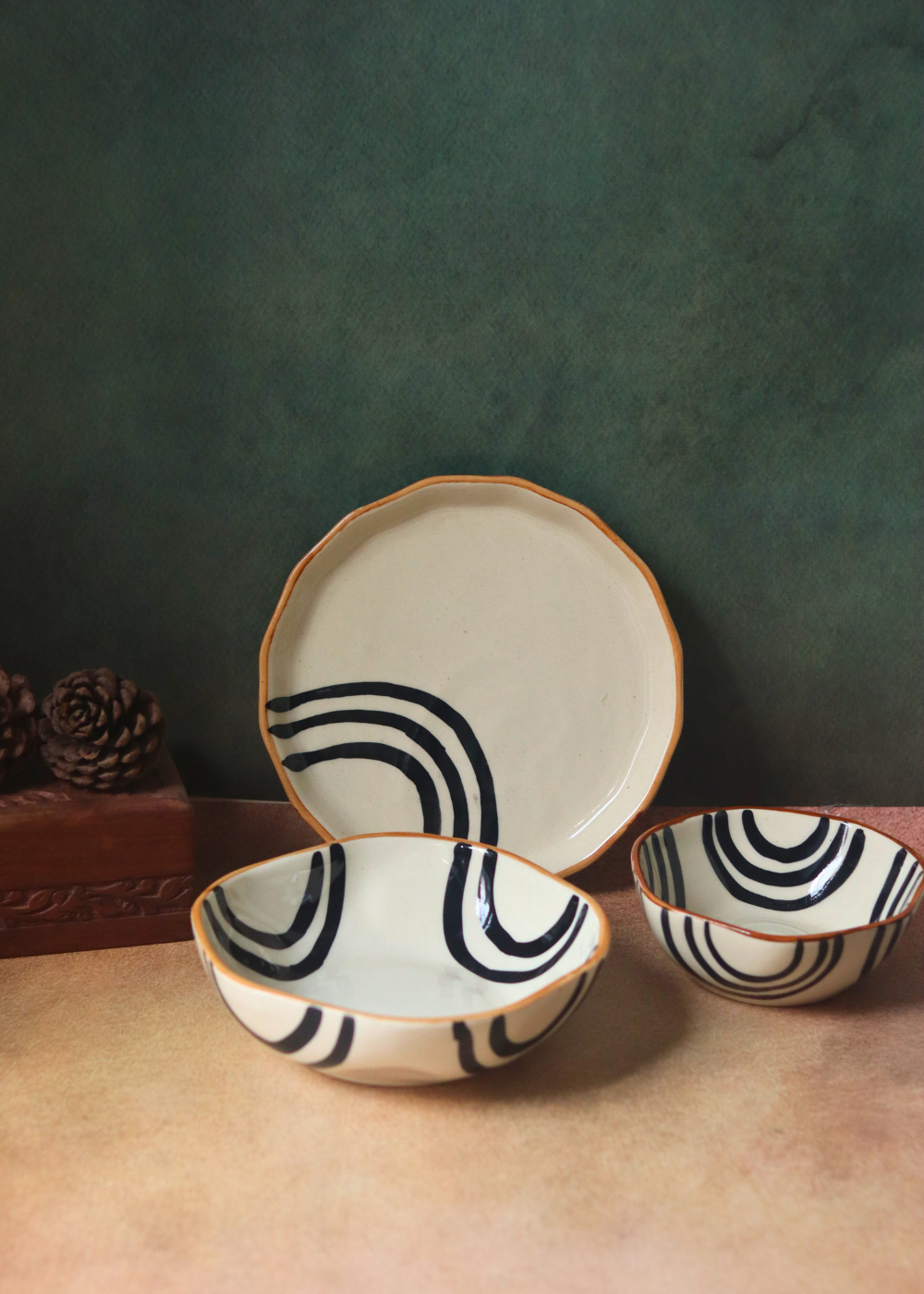 two black abstract bowl & one snack plate breakfast set