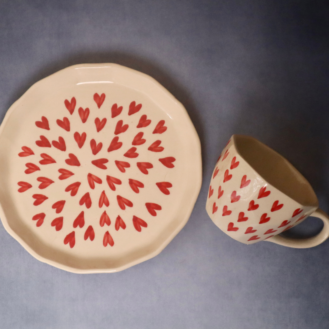 handmade heart mug with all heart  plate 