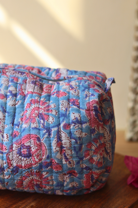 Block printed toiletry bag floral design