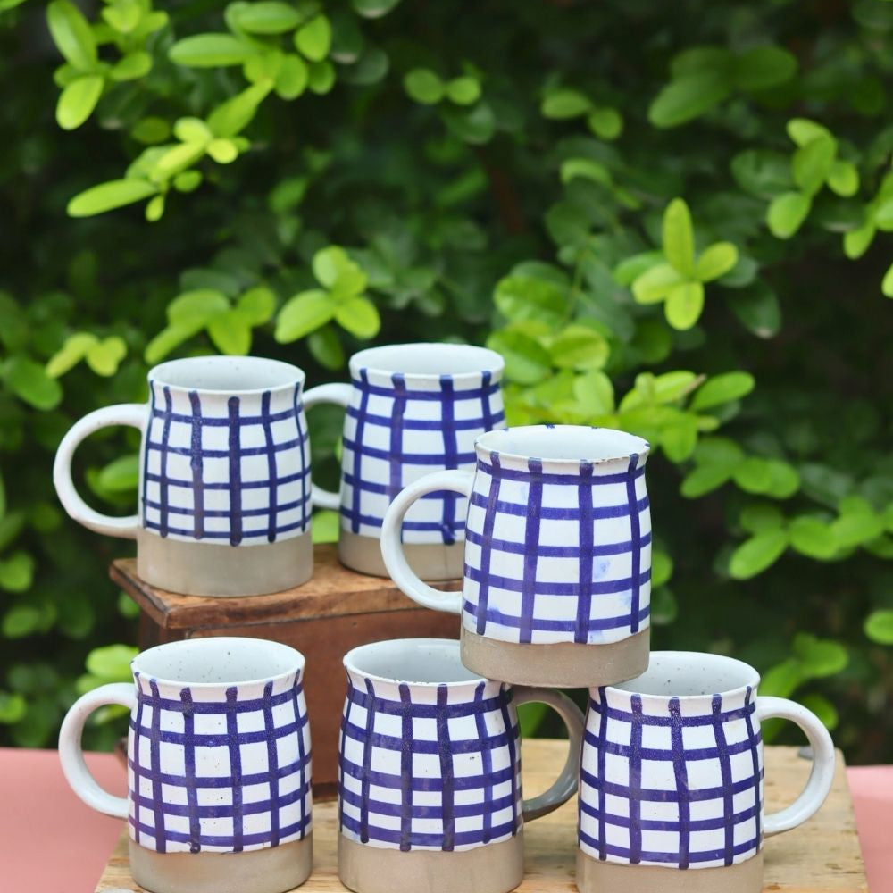 Set of 6 - Blue Checkered Mug made by ceramic