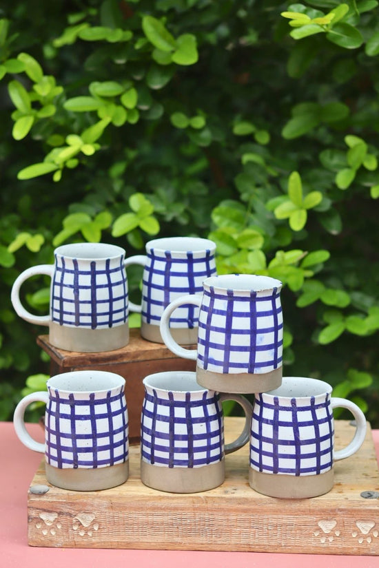 Set of 6 - Blue Checkered Mug made by ceramic