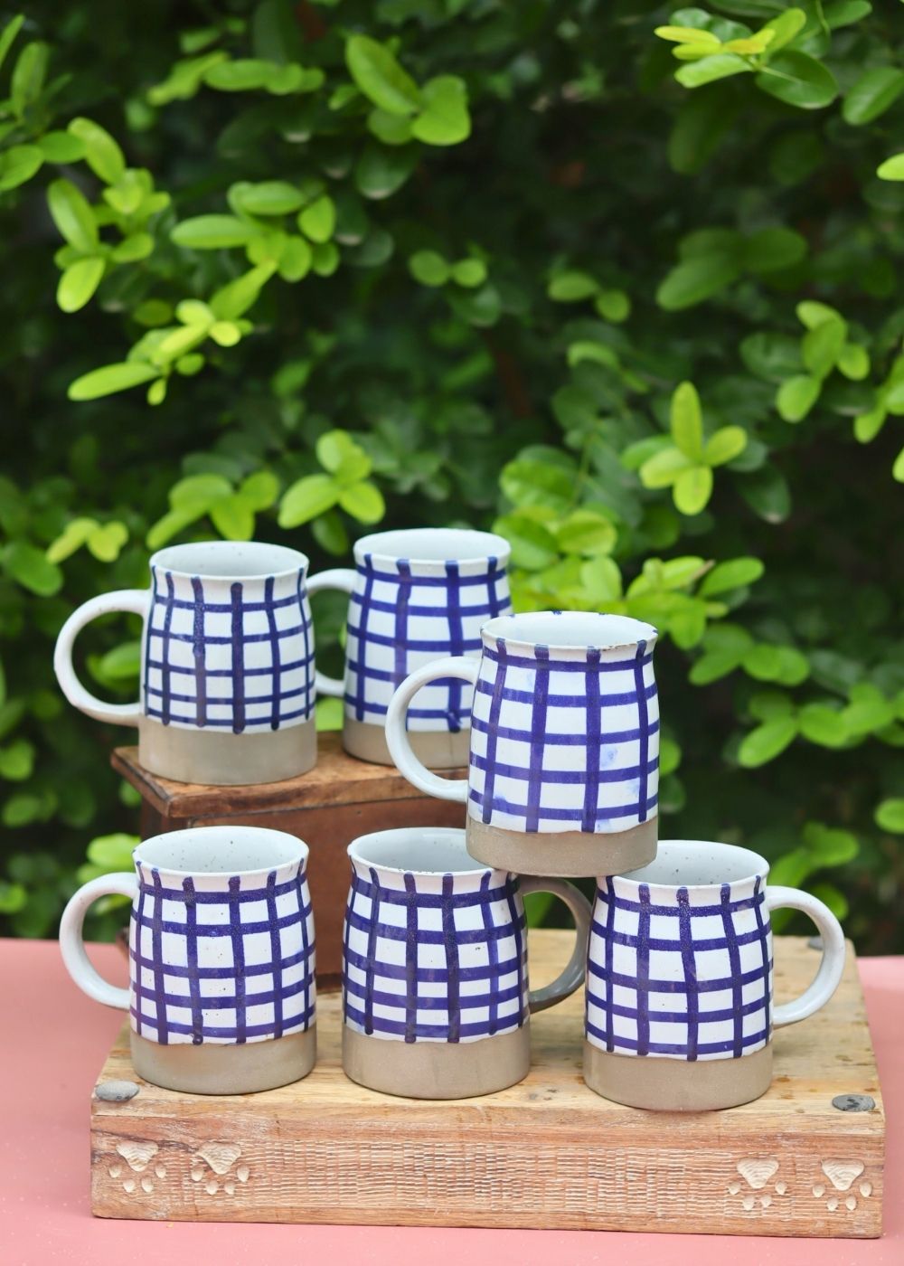 Set of 6 - Blue Checkered Mug made by ceramic