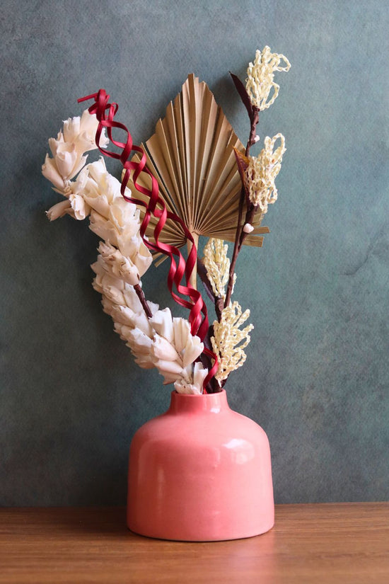 pink round vase with assorted bunch combo set made  by handcrafted