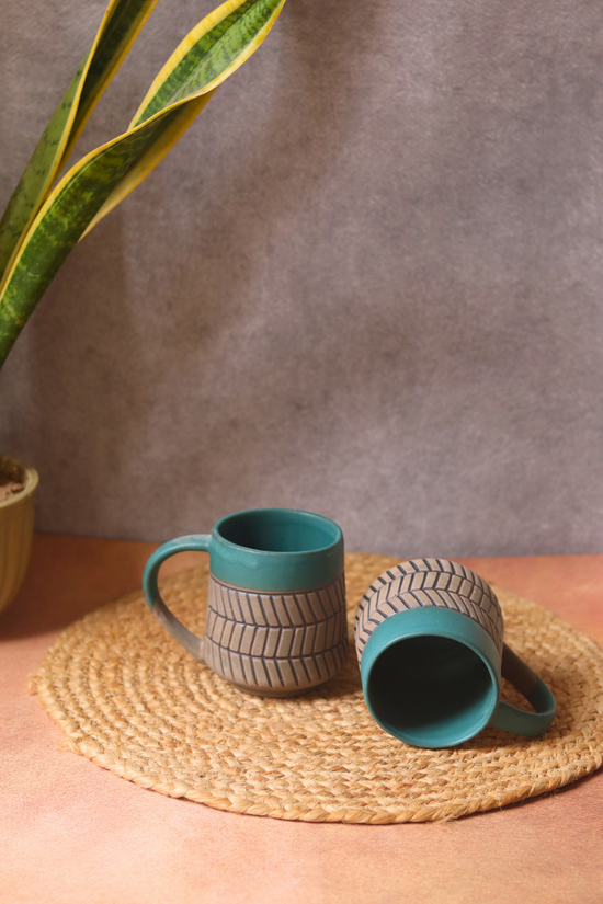 Handmade ceramic teal chevron coffee mugs 