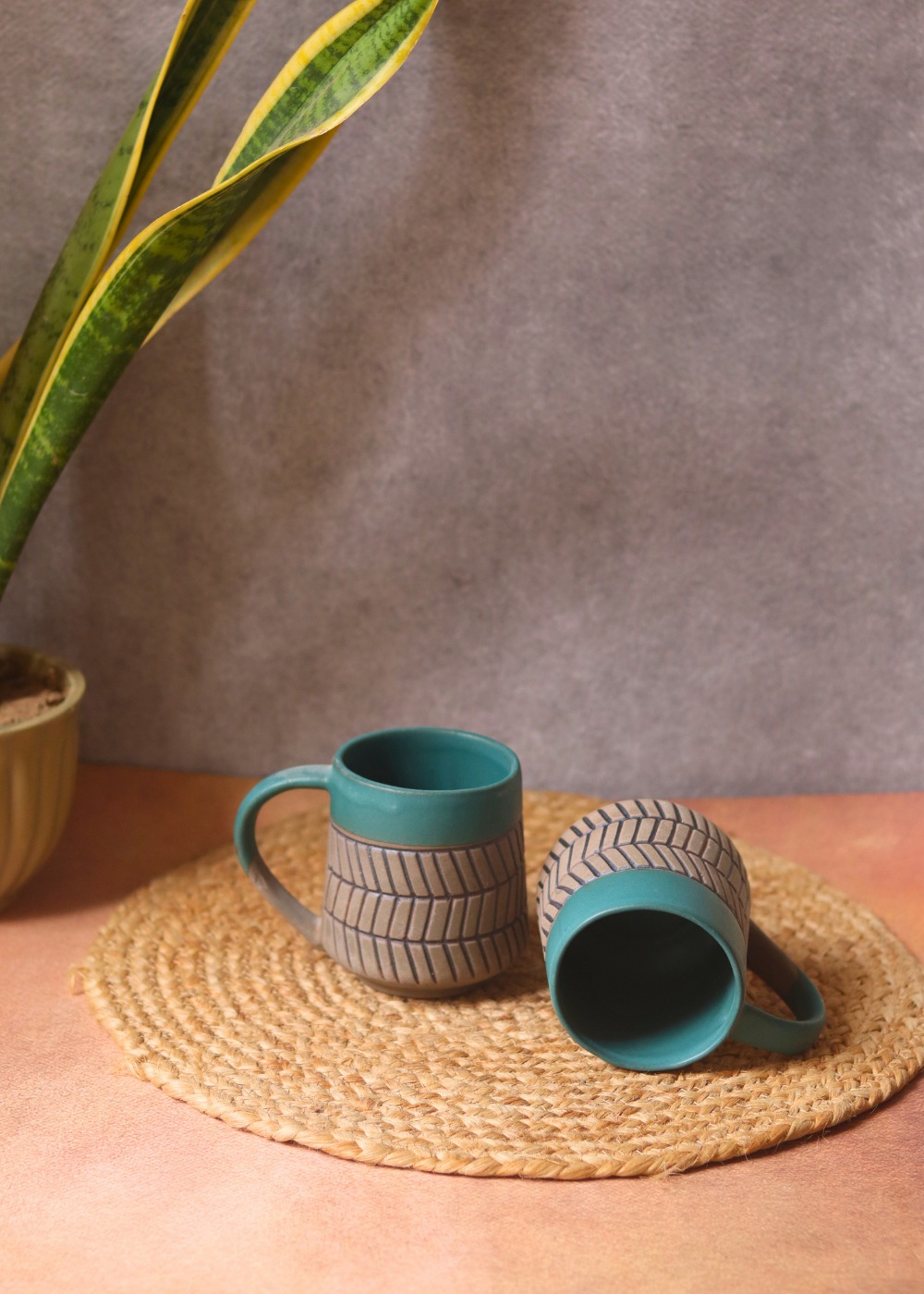 Handmade ceramic teal chevron coffee mugs 