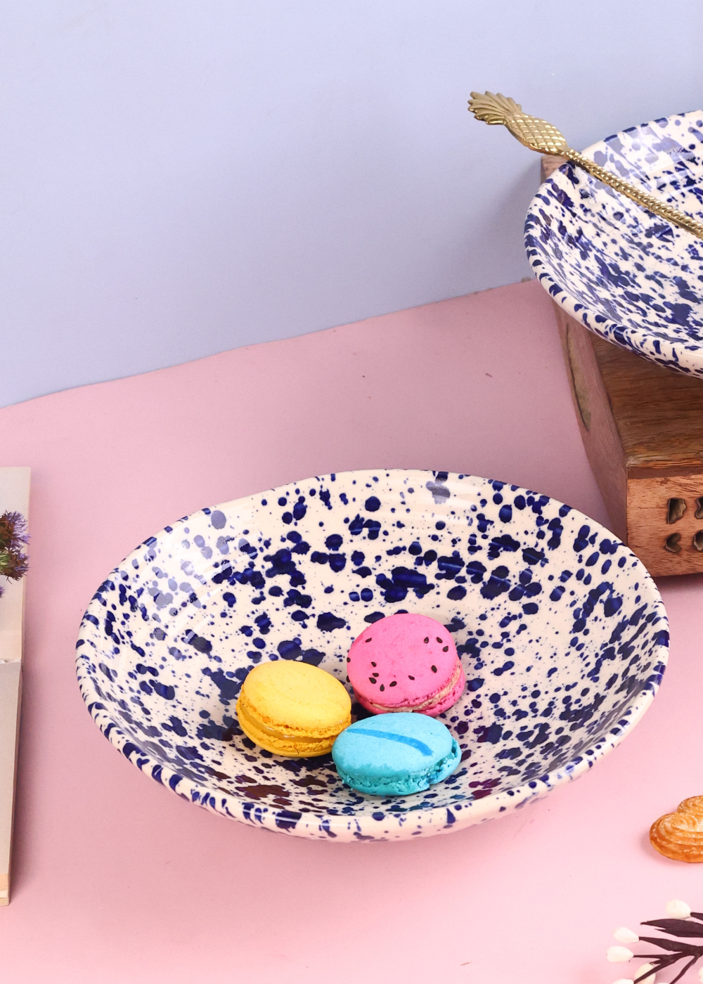 Blue flecked pasta bowl with macarons