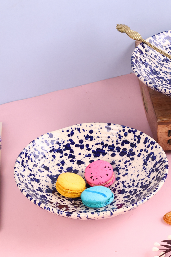 Blue flecked pasta bowl with macarons