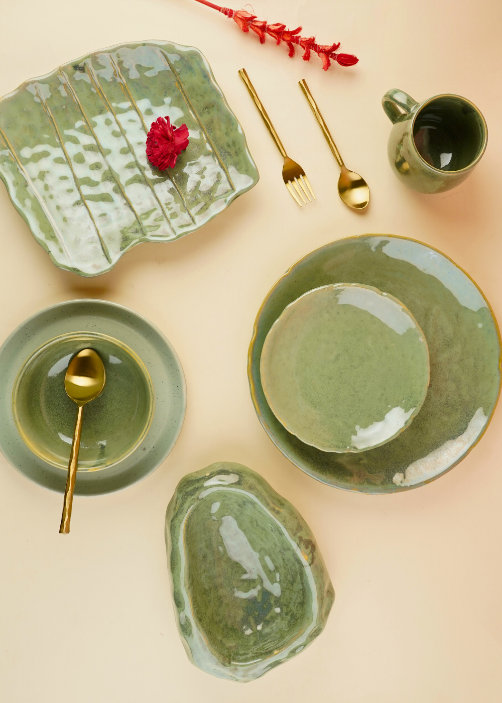 handmade pistachio stoneware table for four combo