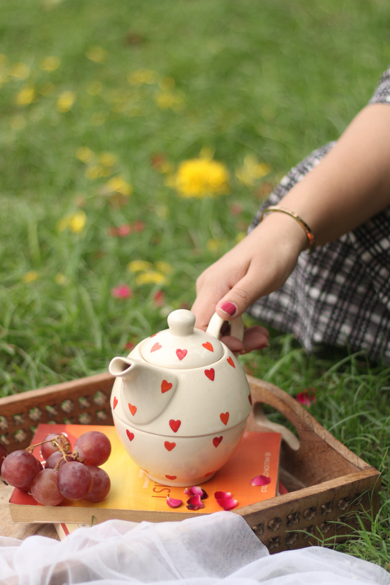 handmade floral tea kettle with tea cup - tea for one , made by ceramic 
