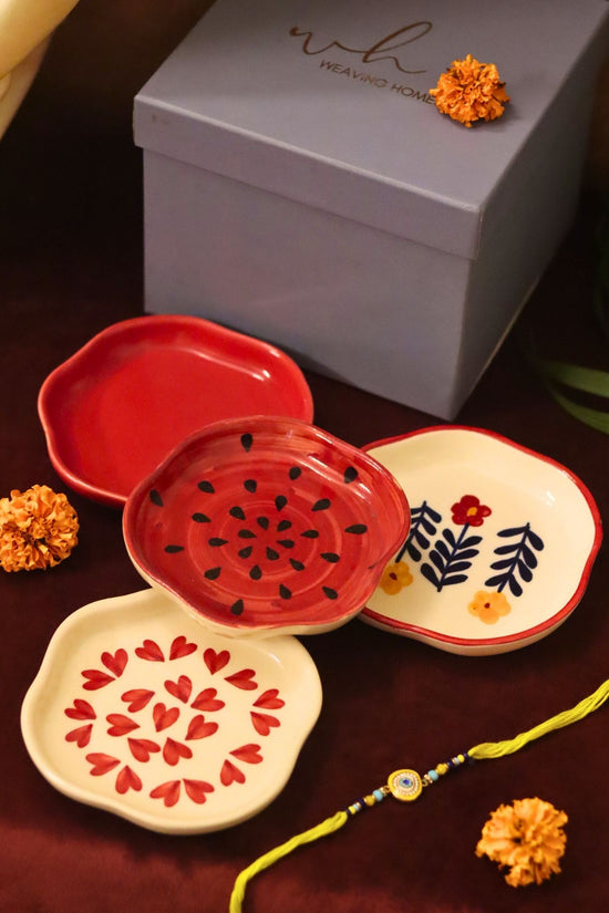Set of 4 - Heart, Red, Watermelon & Floral Bloom handmade dessert plate combo Rakhi Gift box handmade in India