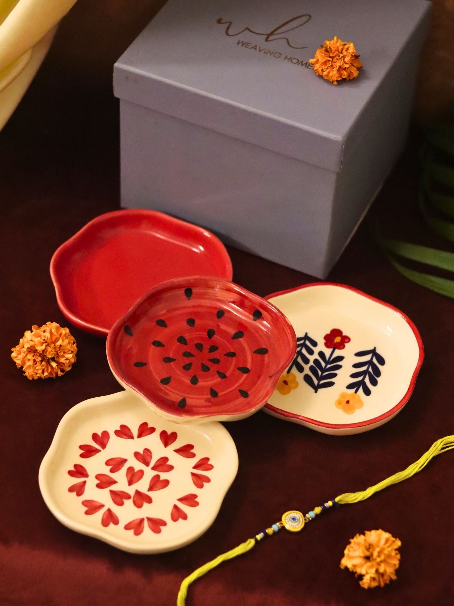 Set of 4 - Heart, Red, Watermelon & Floral Bloom handmade dessert plate combo Rakhi Gift box handmade in India