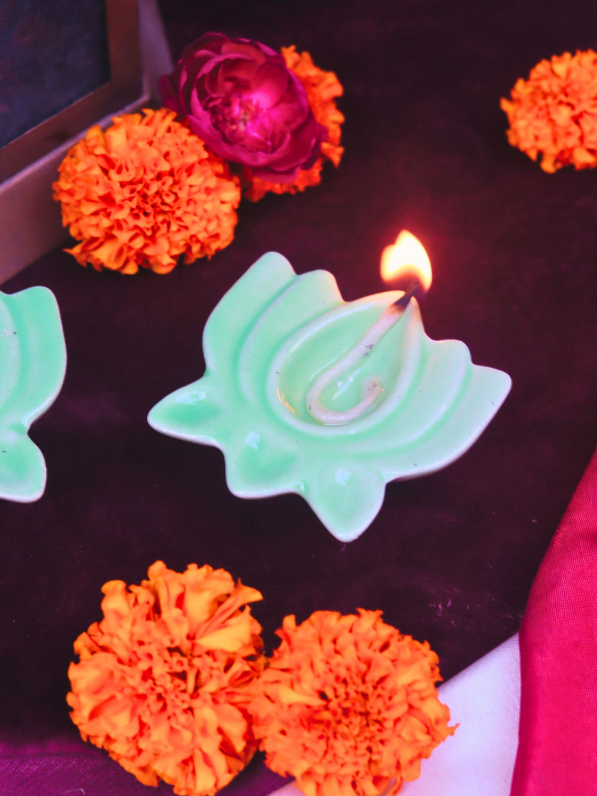 Set of 4 - Green Lotus Diya