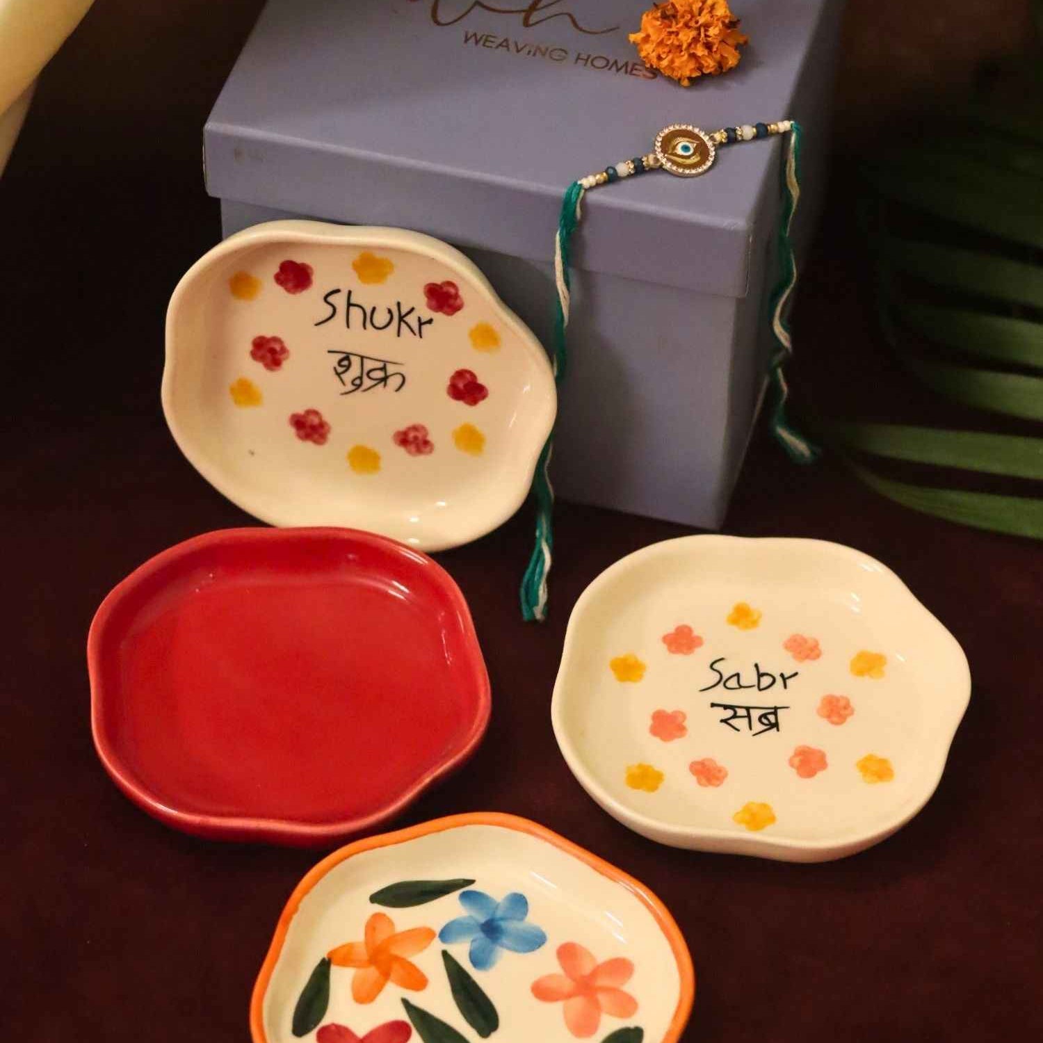 Set of 4 - Red, Sabr, Shukr & Brightday handmade dessert plate combo Rakhi Gift box