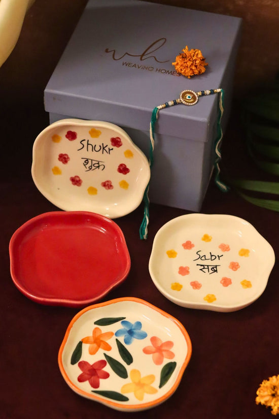 Lead free Set of 4 - Red, Sabr, Shukr & Brightday handmade dessert plate combo Rakhi Gift box