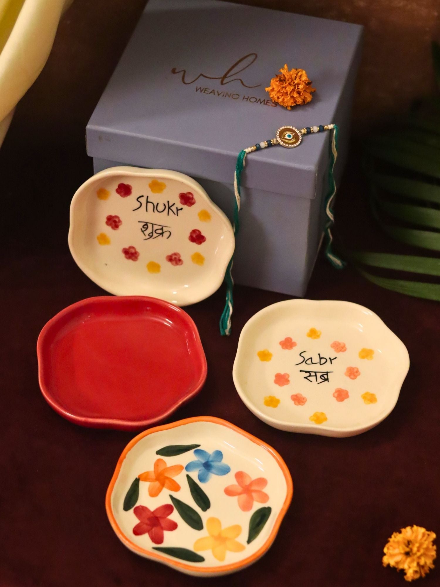 Lead free Set of 4 - Red, Sabr, Shukr & Brightday handmade dessert plate combo Rakhi Gift box